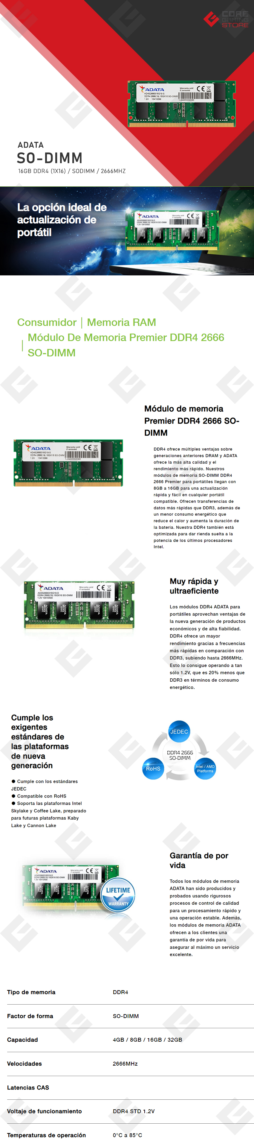 Memoria RAM Adata SO-DIMM 16GB DDR4 2666Mhz - AD4S266616G19-SGN | Core ...